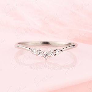 Small & dainty V shaped curved engagement ring, Small tiny 925 sterling silver chevron wedding band, Womens minimalist cz wedding band