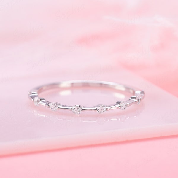 Small & dainty lab diamond wedding band silver, Tiny minimalist diamond wedding band for her, Unique petite diamond wedding ring silver