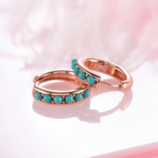 Unique 18k Rose Gold Turquoise Huggie Earrings, Dainty Turquoise Hoops Earrings, Gold Bridal Earrings, Perfect Gift for Her, Christmas Gift