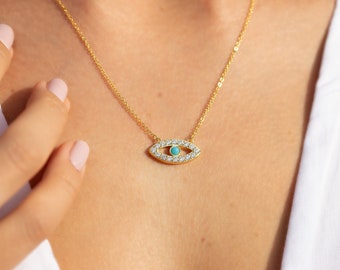 Dainty 14k Gold Turquoise Evil Eye Necklace, Unique Minimalist Evil Eye Necklace, Turquoise Evil Eye Pendant, Third Eye, Evil Eye Choker