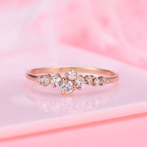 14k rose gold women minimalist cluster cz wedding band, Small & dainty wedding band for her, Cluster promise ring, Cluster engagement ring