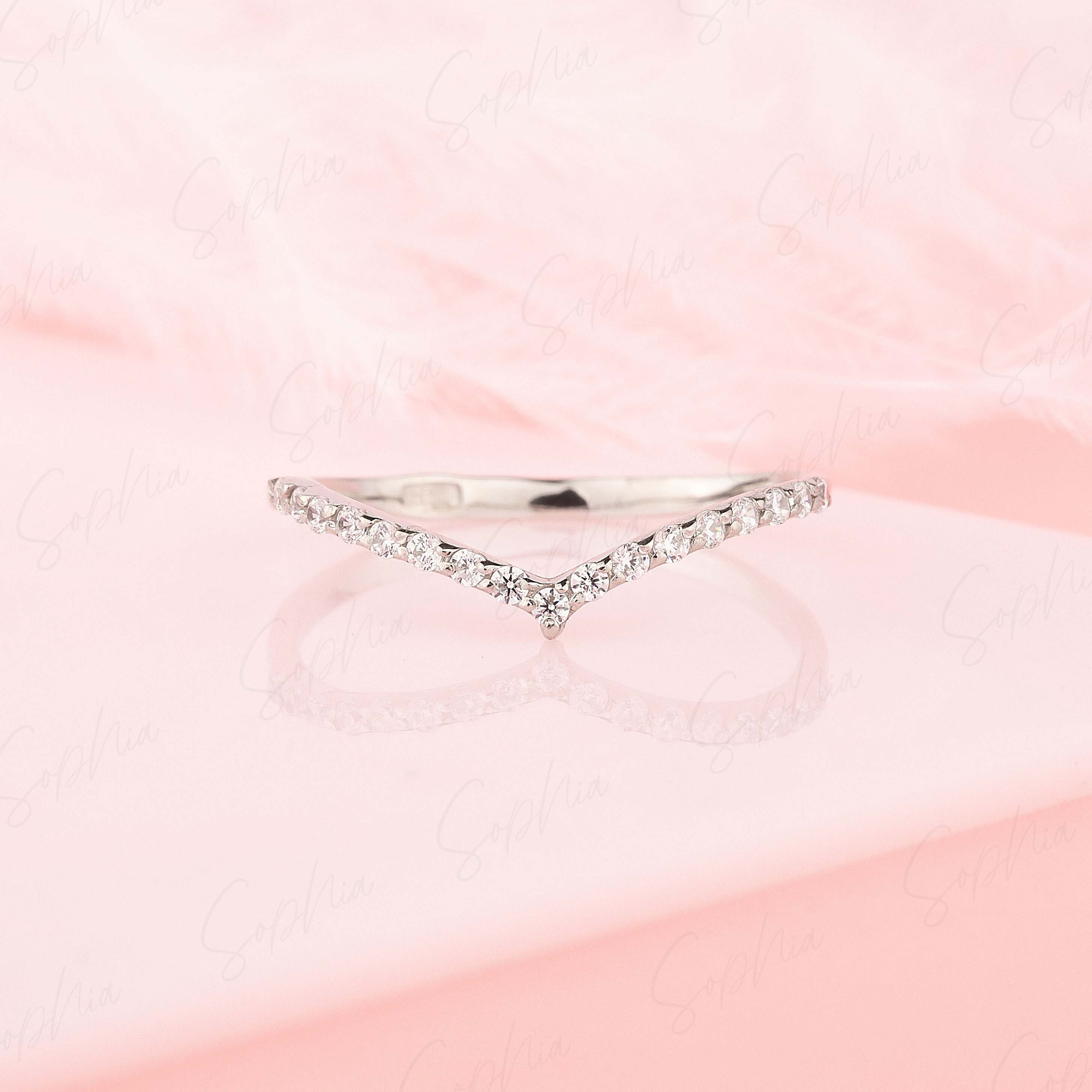Sterling Silver Chevron Ring With Cubic Zirconia - V-Shape Wedding Band, Size 5.75, Dainty & Sparkly