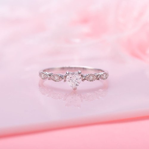 Bague de fiançailles coeur, bague de promesse coeur, bague de fiançailles en argent sterling Art déco unique, cadeau bague Saint Valentin, cadeau bague romantique
