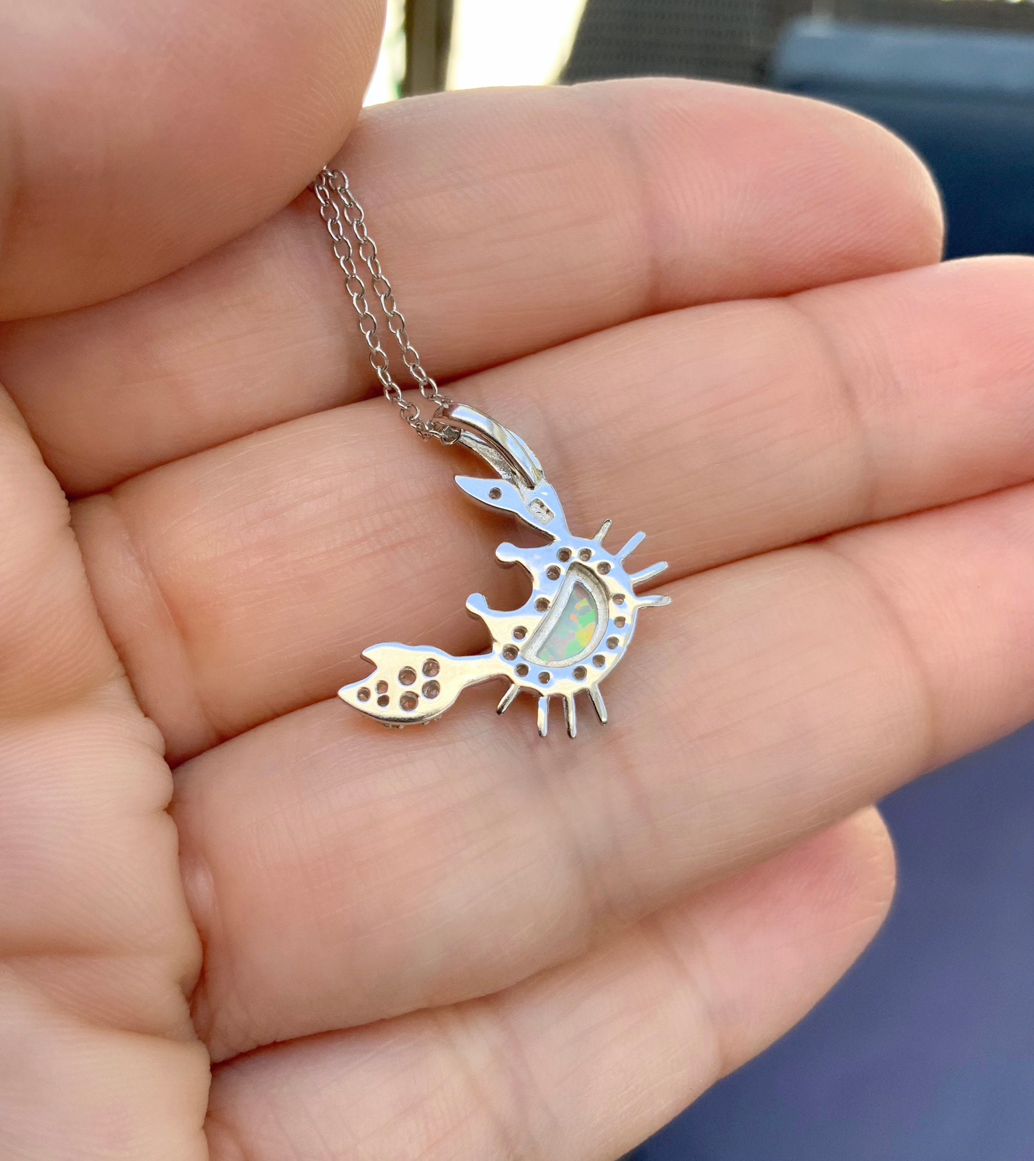 CZ Opal Crab Necklace/ 925 Sterling Silver Pave CZ Crab Charm Necklace
