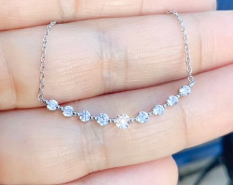 CZ Silver Curved Bar Necklace/ Graduated Single Prong Bubble Simulated Diamond CZ Necklace/ Sterling Silver Necklace w 9 Stones/ 16-18" Long