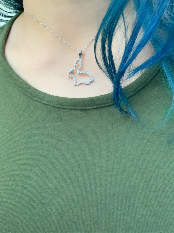 Silver Bunny Rabbit Necklace/ 925 Sterling Silver CZ Pave Rabbit