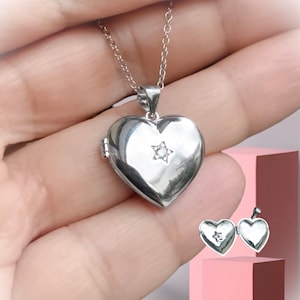 Sterling Silver Heart Photo Locket Necklace: CZ Keepsake, Adjustable Chain