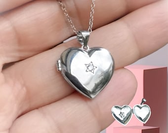 Sterling Silver Heart Photo Locket Necklace: CZ Keepsake, Adjustable Chain