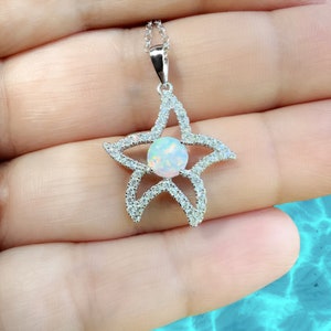 Silver Starfish Necklace/ Pave CZ Opal Starfish Charm/ 925 Silver Sea Life Jewelry/ Spirit Animal Silver Gift/ Ocean, Beach Necklace Gift
