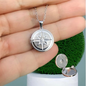 Silver Polar Star Photo Locket Necklace/ North Pole Star Birthstone Keepsake Jewelry/ Polaris Starburst Pendant/ Memorable Gift for Her