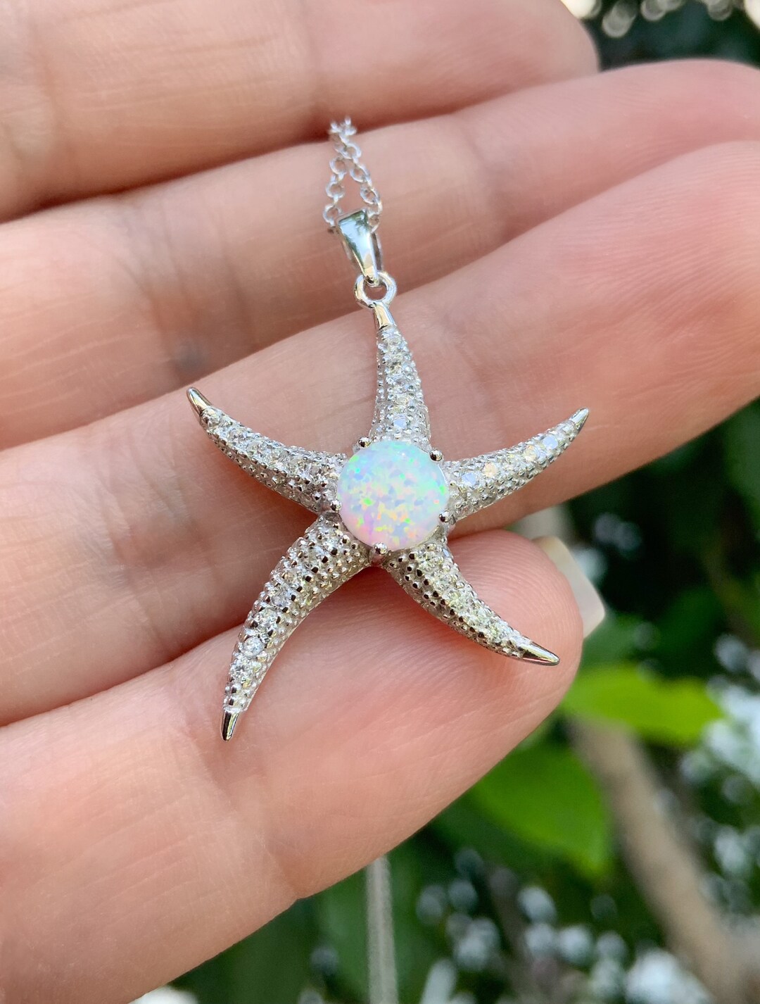 Silver Starfish Necklace/ Pave CZ Opal Starfish Charm on Chain/ 925 Silver Sea Life Necklace
