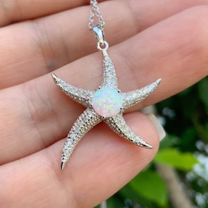 Silver Starfish Necklace/ Pave CZ Opal Starfish Charm on Chain/ 925 Silver Sea Life Necklace/ Ocean Beach Silver Necklace/ Animal Lover Gift