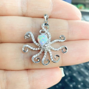 Silver Octopus Necklace/ Opal Octopus w Pave CZ Tentacles/ Silver Sea Life Ocean Beach Necklace/ Octopus Sea Animal Necklace/ Kraken Jewelry