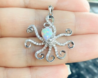 Silver Octopus Necklace/ Opal Octopus w Pave CZ Tentacles/ Silver Sea Life Ocean Beach Necklace/ Octopus Sea Animal Necklace/ Kraken Jewelry