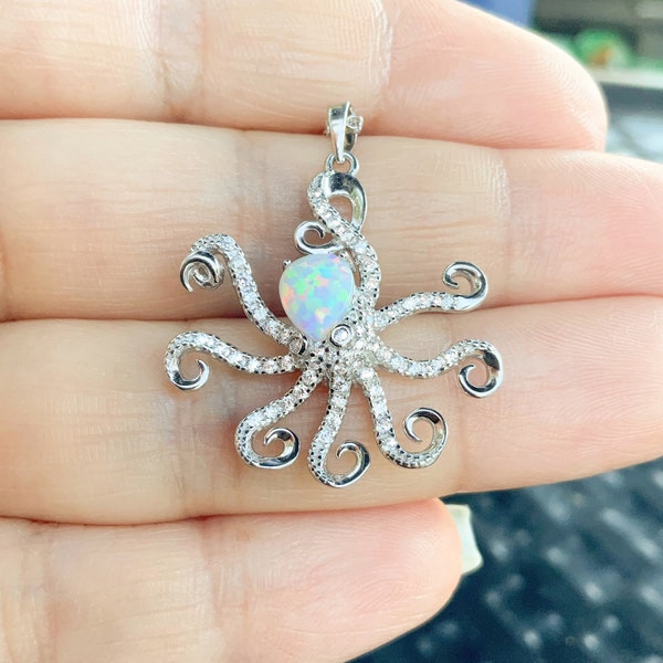 Collier pieuvre en argent / pieuvre opale avec tentacules CZ pavés / collier de plage océan vie marine en argent / collier animal marin pieuvre / bijoux Kraken