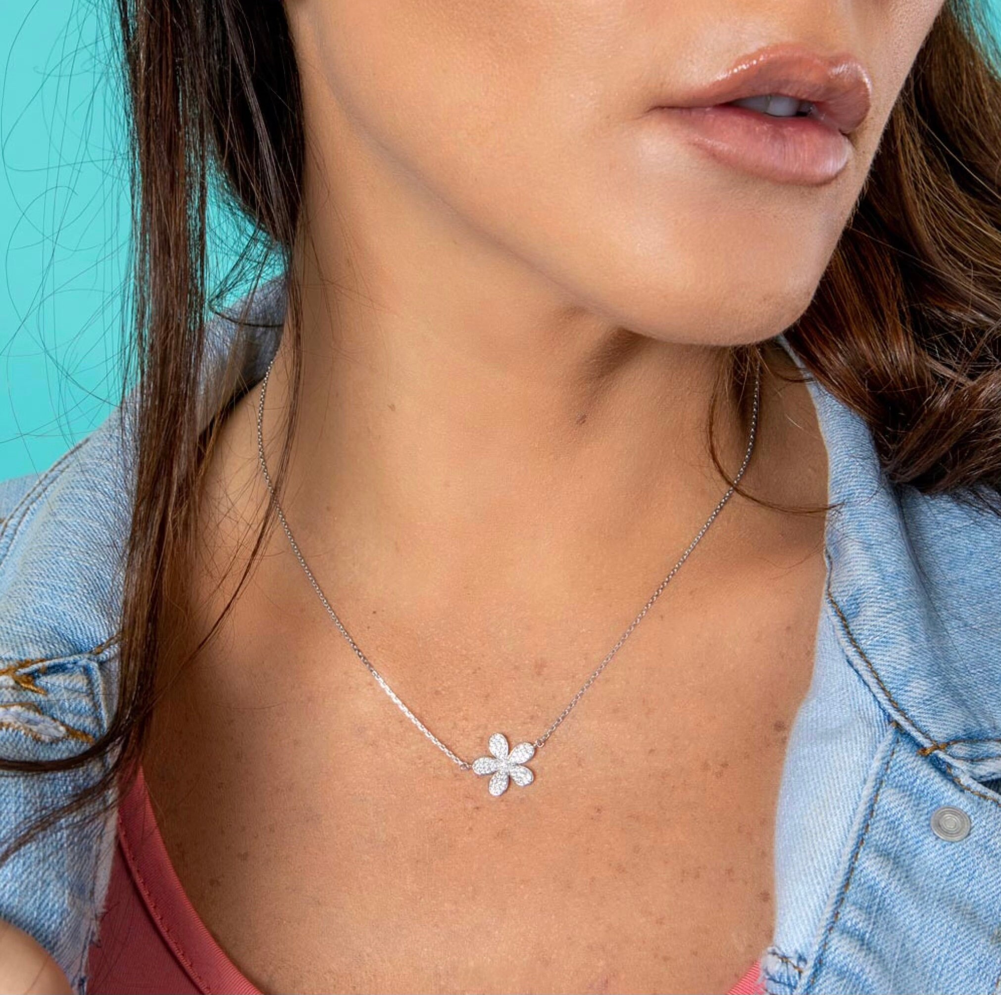 ★MIDNIGHT MOMENT.★ floral chian necklace slver CZ Flower Necklace/ 925 Sterling Silver Cubic Zirconia