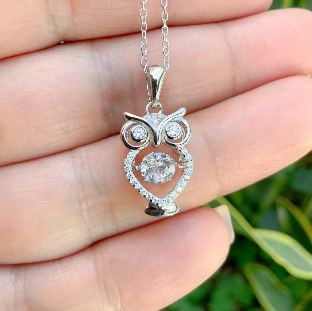 Silver Owl Necklace/ Dancing CZ Pave Owl Necklace/ Sterling Silver 3D