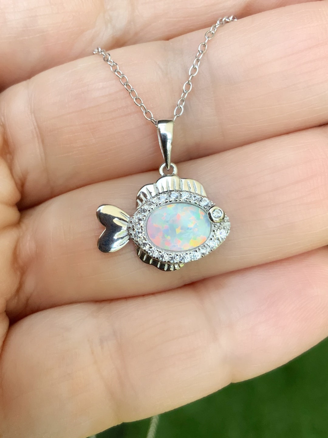 CZ Opal Fish Necklace/ 925 Sterling Silver Pave CZ Fish Charm Necklace