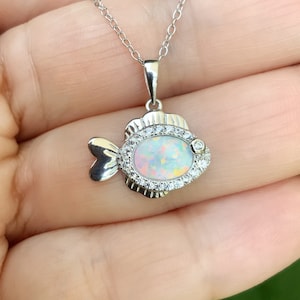 CZ Opal Fish Necklace/ 925 Sterling Silver Pave CZ Fish Charm Necklace w Oval White Fire Opal/ Sea Life, Ocean, Beach Silver Necklace Gift