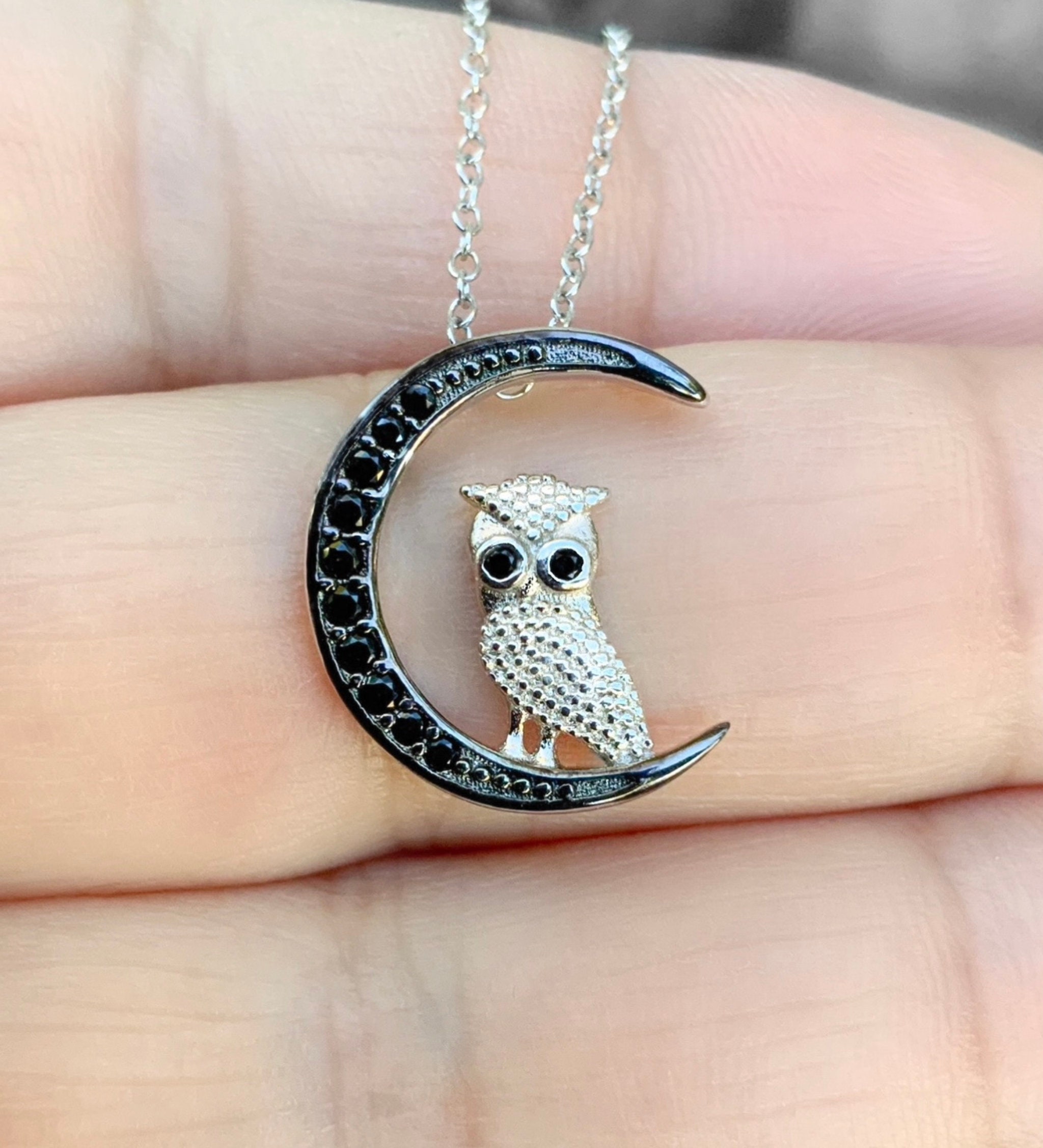 Sterling Silver Owl Necklace: Black CZ Crescent Moon, Wiccan Jewelry