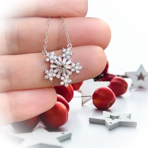 Silver Snowflake Necklace/ Fancy Flower Snow Flake Pendant/ Baguette Cubic Zirconia Snowflake/ Silver Winter Theme Jewelry Birthday Gift