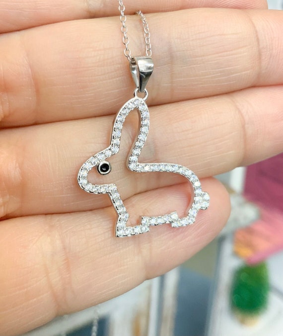 Silver Bunny Rabbit Necklace/ 925 Sterling Silver CZ Pave Rabbit