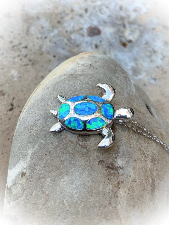 Turquoise Blue Opal Turtle Necklace 925 Sterling Silver Sea