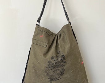 Sac besace SUZY toile army vintage et cuir noir