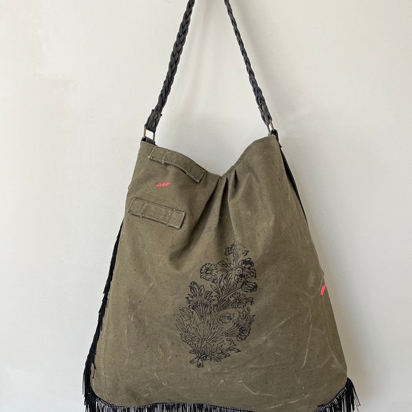 Sac besace SUZY toile army vintage et cuir noir