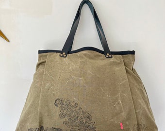 Sac cabas CHARLOTTE 10  toile army vintage et simili noir