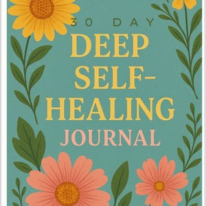 Op de afbeelding: Een turquoise journal cover met bloemillustraties en de tekst "30 DAGEN DIEP ZELFGENEZING JOURNAL." Het ontwerp bevat gele en perzikbloemen, groene bladeren en een witte rand.