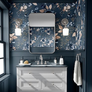 Watercolor Blue Flowers on the Blue Background Wallpaper, Peel and Stick Wall Mural, Watercolor Garden Flowers, Roses, Wildflowers, Leaves
