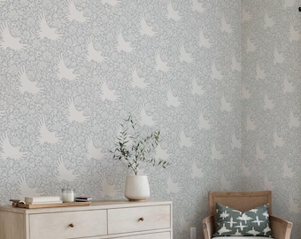 Dove and Floral Peel and Stick Wallpaper: Botanical Accent Wall Mural