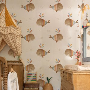 Watercolor Cute Whales Kids Wallpaper, Peel and Stick, Scandinavian Baby Room Wall Decor, Boho Nursery Removable Wallpaper, Self Adhesive