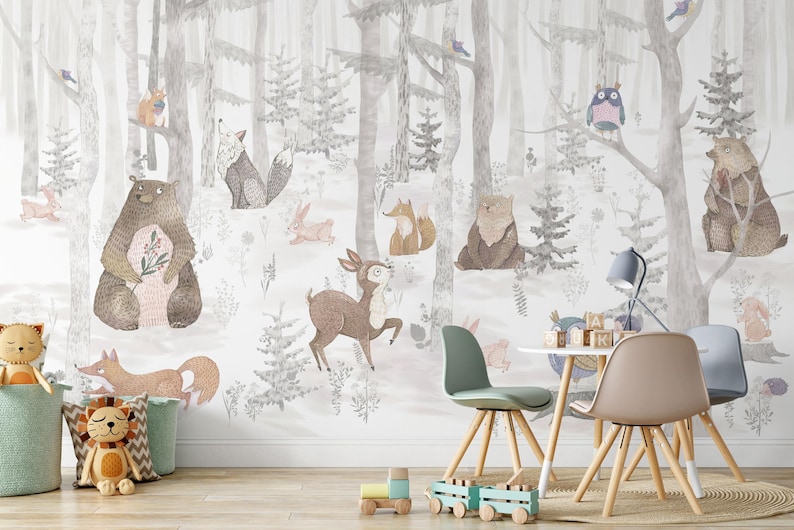 Woodland Animals Peel and Stick Wallpaper: Neutral Forest Nursery Mural ...