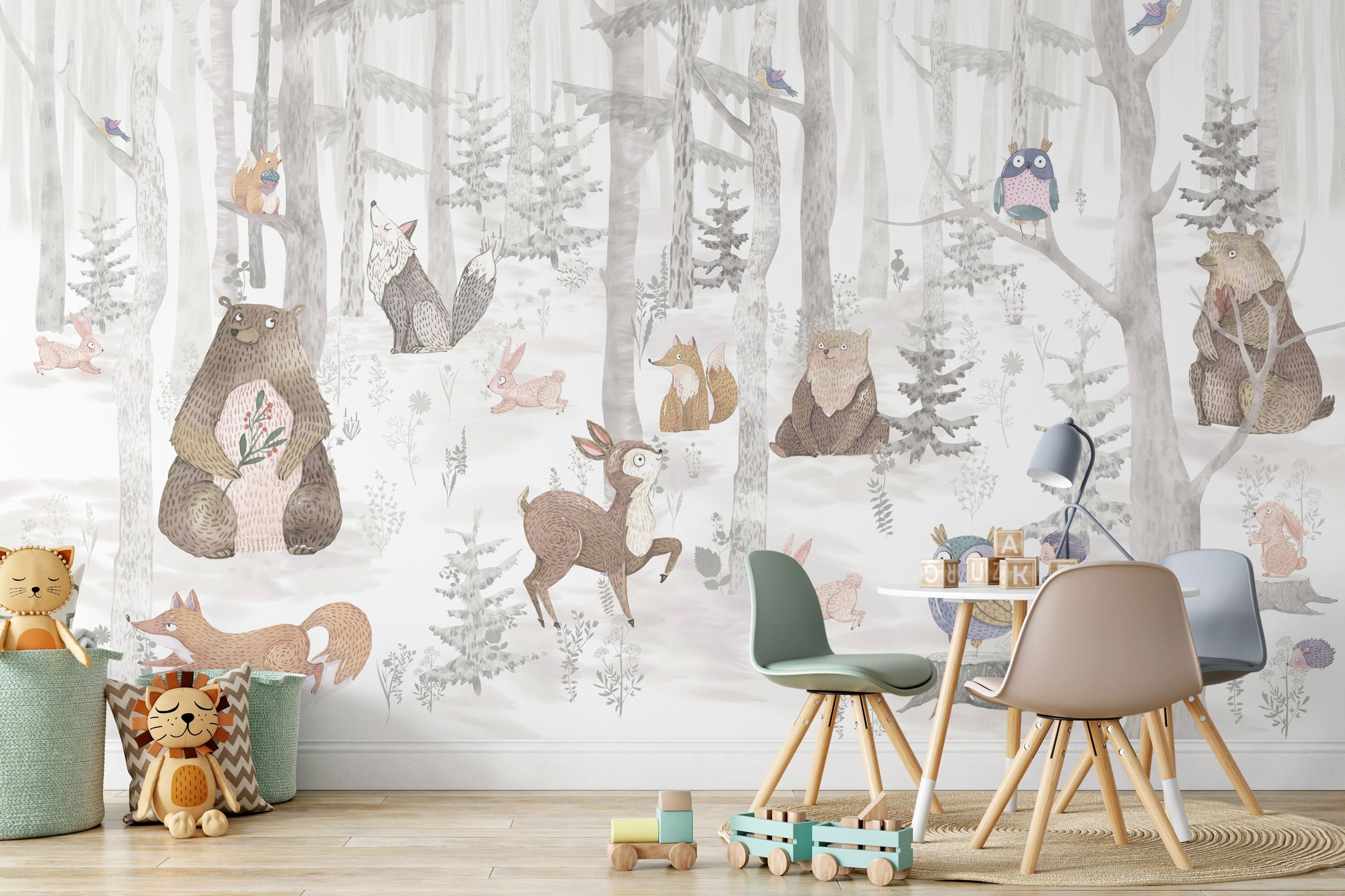 Woodland Animals Peel and Stick Wallpaper: Neutral Forest Nursery Mural ...