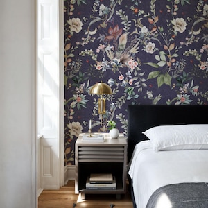 Dark Botanical Peel and Stick Wallpaper, Moody Floral Wall Mural,Dark Garden Self Adhesive Wallpaper,Whimsical Botanical Self Adhesive Mural