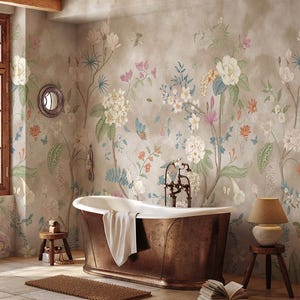 Chinoiserie Wallpaper, Peel and Stick or Traditional, Flowering Trees Removable Self Adhesive Wallpaper, Asian Style Tree Blossom Wallpaper