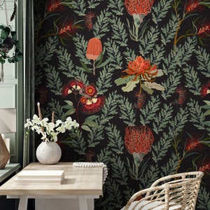 Dark Botanical Wallpaper, Peel and Stick, Australian Flowers Wall Mural,  Botanic Plants Self Adhesive Wallpaper, Leaves Removable Wallpaper