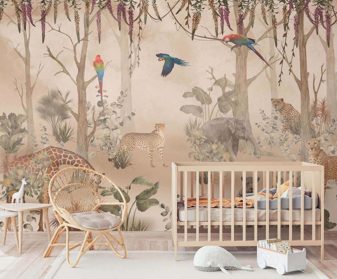 Safari Jungle Peel and Stick Wallpaper: Tropical Animals Kids Room ...