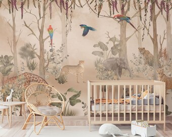 Safari Jungle Peel and Stick Wallpaper: Tropical Animals Kids Room Decor