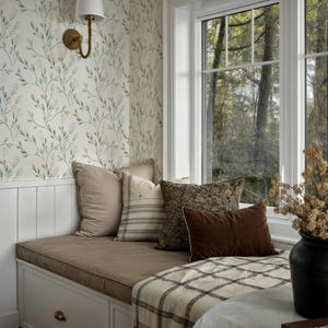 Neutral Minimal Wallpaper, Peel and Stick, Willow Flowers and Leaves Wall Mural, Minimal Botanical Self Adhesive Wallpaper, Removable Mural