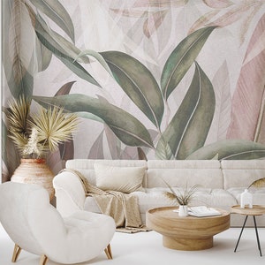 Tropical Leaves Wallpaper, Peel and Stick, Soft Colorful Oil Paint Wallpaper with Colorful Leaves, Exotic Self Adhesive Wall Mural,Removable