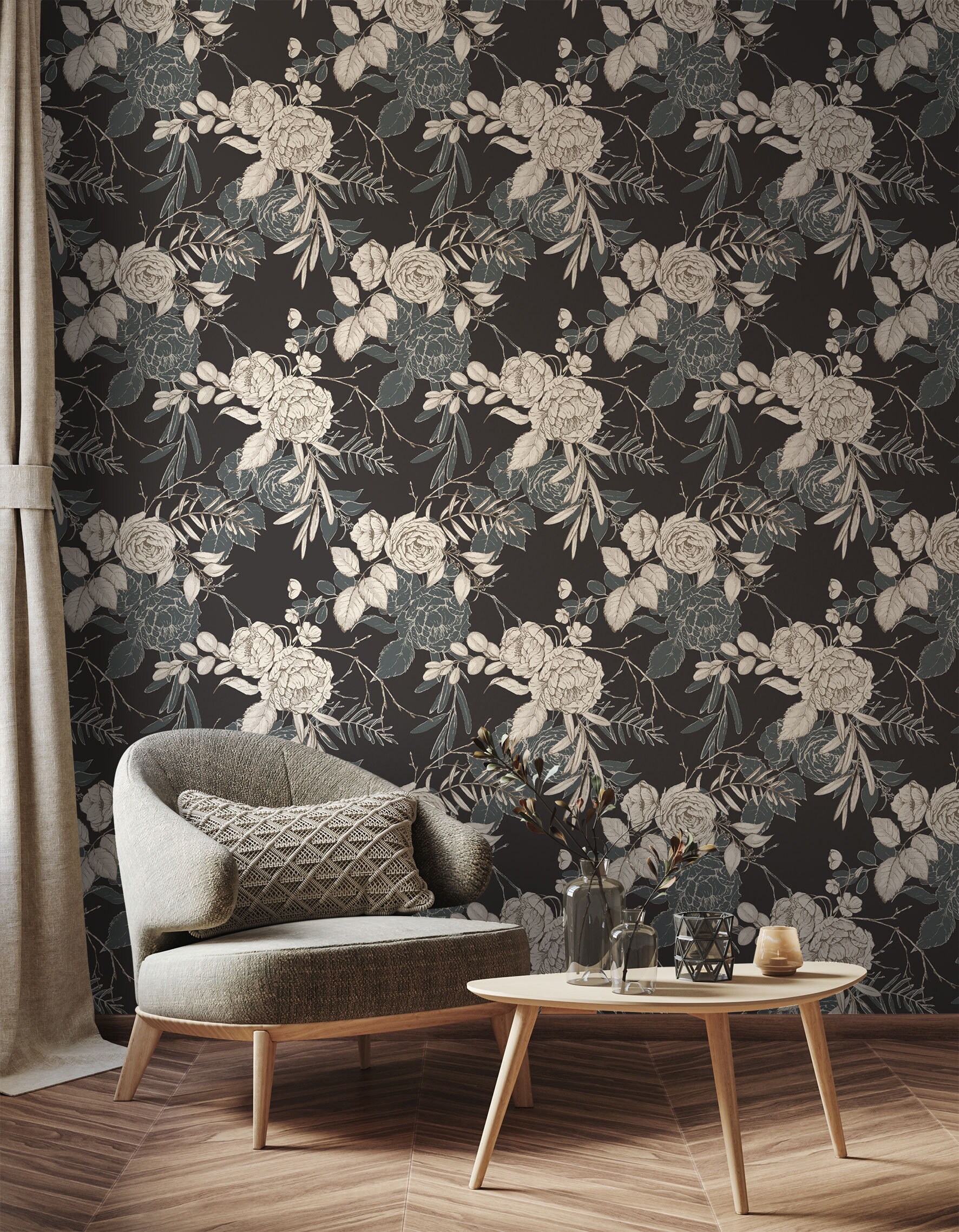 Dark Floral Wallpaper: Botanical Wall Mural, Peel and Stick - Etsy
