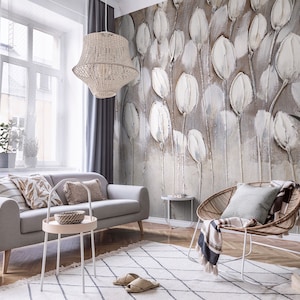 Abstract Leaves Wallpaper Peel and Stick, Oil Painting Leaves Wall Mural, Beige and Brown Bohemian Removable Wall Decor, Self Adhesive Mural