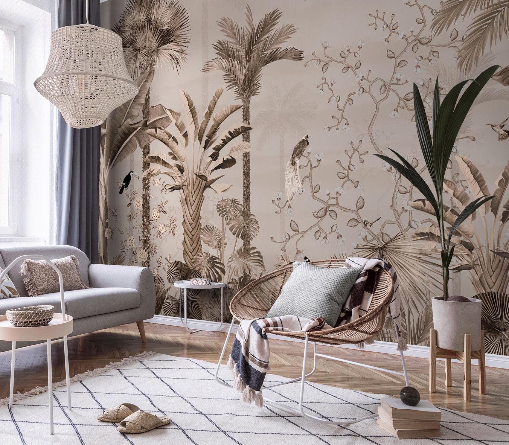 Tropical Palm Leaf Wallpaper: Boho Beige Peel and Stick Mural - Etsy