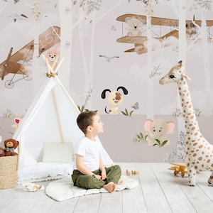 Watercolor with Cute Animals in the Forest Wallpaper, Nursery Peel and Stick, Removable Kids Wallpaper, Woodland Animals Self Adhesive Mural