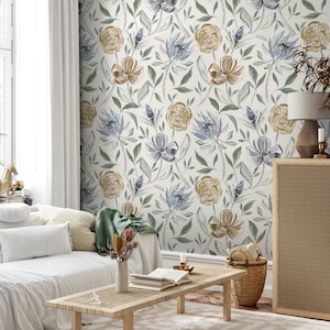 Abstract Flowers Wallpaper, Peel and Stick, Watercolor Floral Removable Wall Mural, Cottage Decor, Spring Floral Self Adhesive Wallpaper
