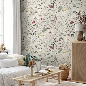 Watercolor Branches and Flowers Wallpaper, Peel and Stick, Soft Abstract Wild Flowers Wall Mural, Spring Blossoms Wallpaper, Removable Mural