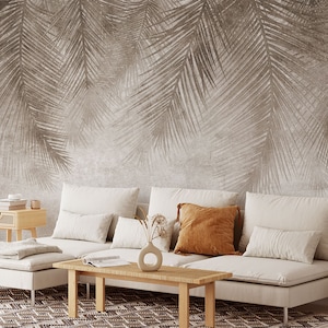 Neutral Leaves Wallpaper, Peel and Stick, Beige Bohemian Wall Decor, Palm Leaf Wallpaper, Soft Tropical Leaves Mural,Self Adhesive Removable